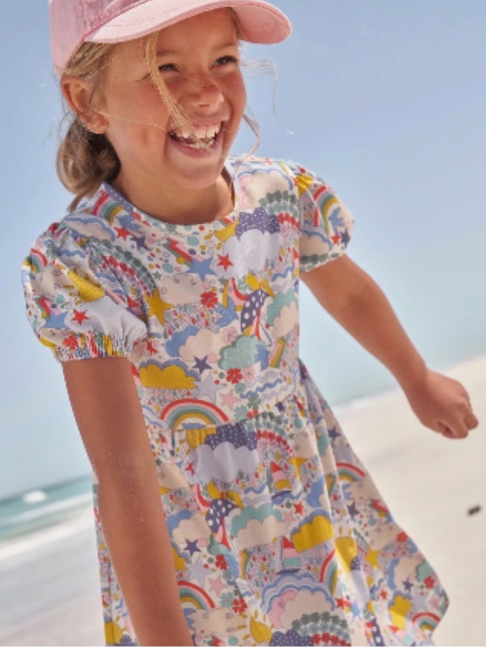 Mini Boden Girls 6/7 Rainbow Cloud Print Short-Sleeve Dress